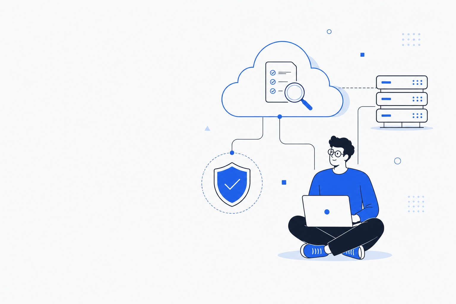 Illustration of an engineer auditing and securing cloud infrastructure