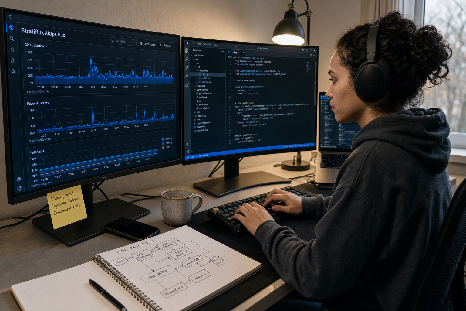 An engineer working against a live observability dashboard and code editor